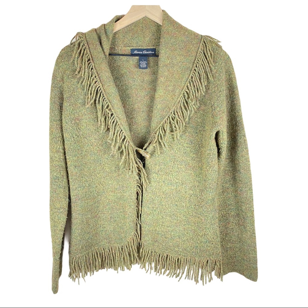 Marisa Christina Olive Green Fringe Cardigan Large